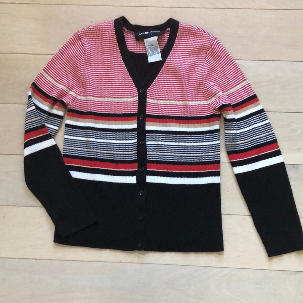 Red, white, & blue striped cardigan, with attached scoop neck top, petite small